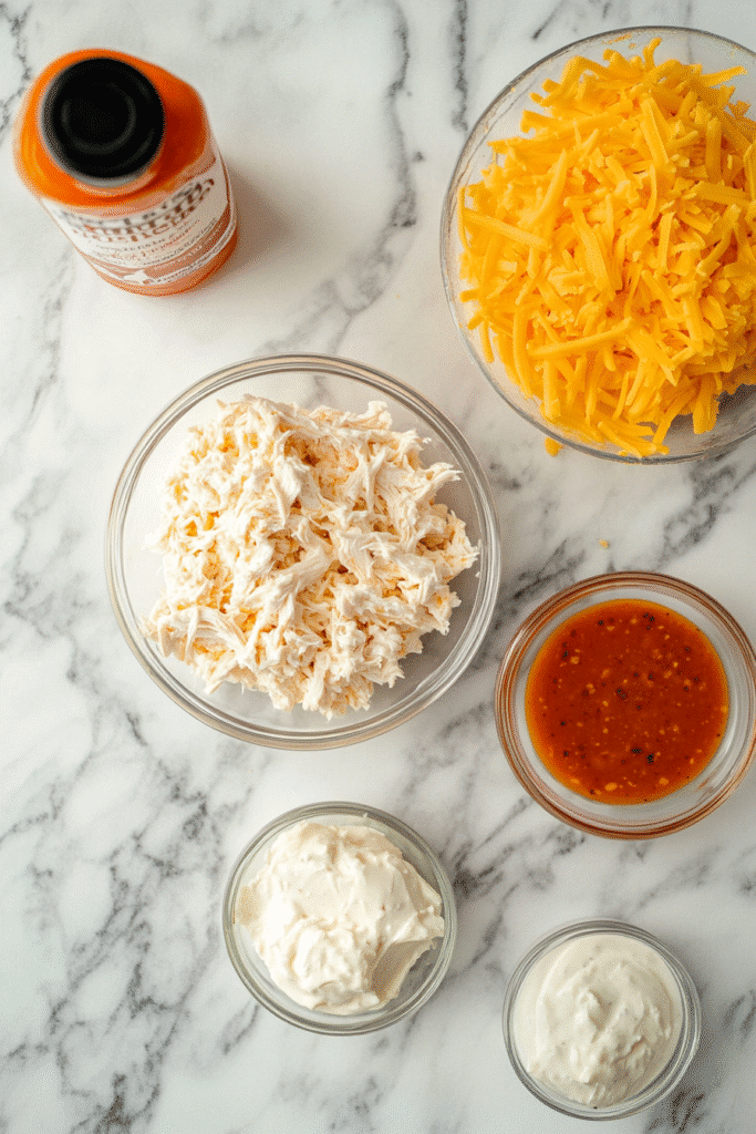 5 ingredient buffalo chicken dip displayed on a kitchen counter