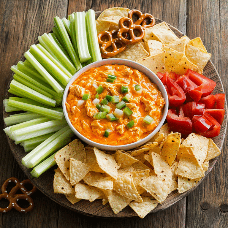 5 ingredient Buffalo chicken dip served with a variety of dippers for a party