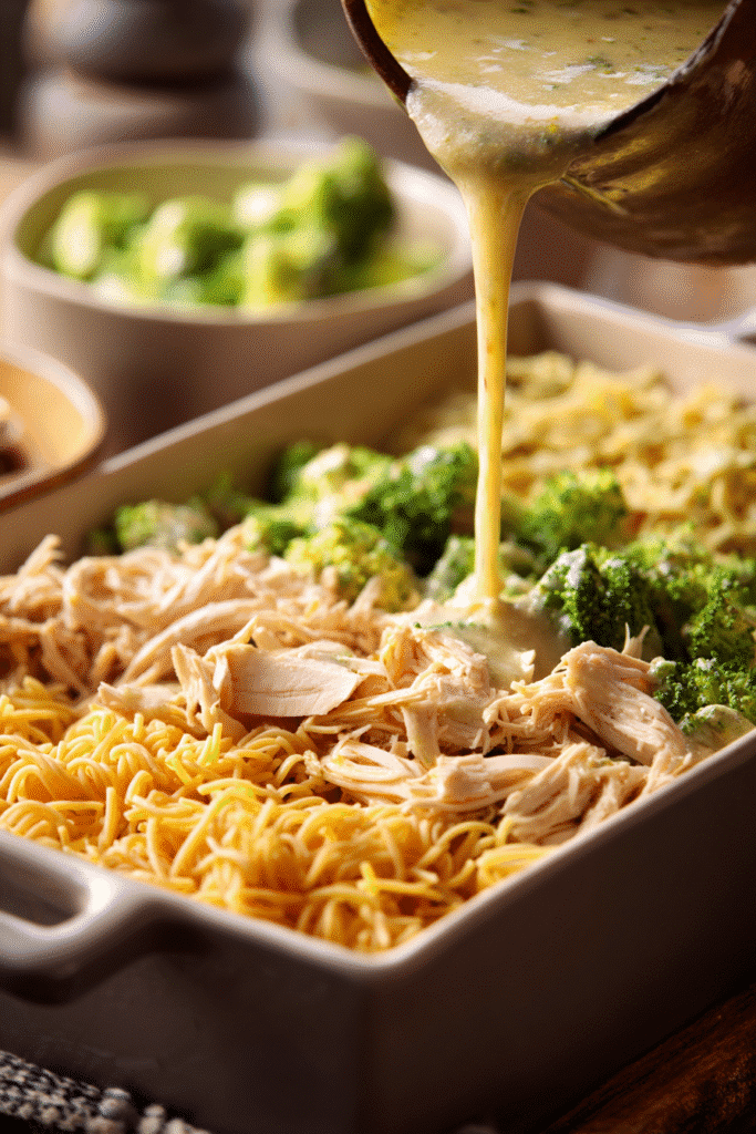 Layering 5 ingredient casseroles chicken in baking dish