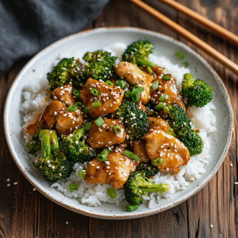 Plated 5 ingredient chicken and broccoli recipe over rice