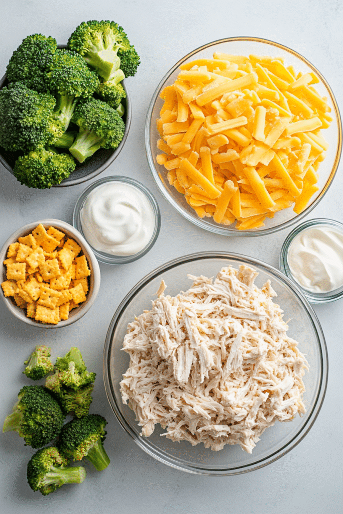 Ingredients for 5 ingredient chicken broccoli casserole laid out