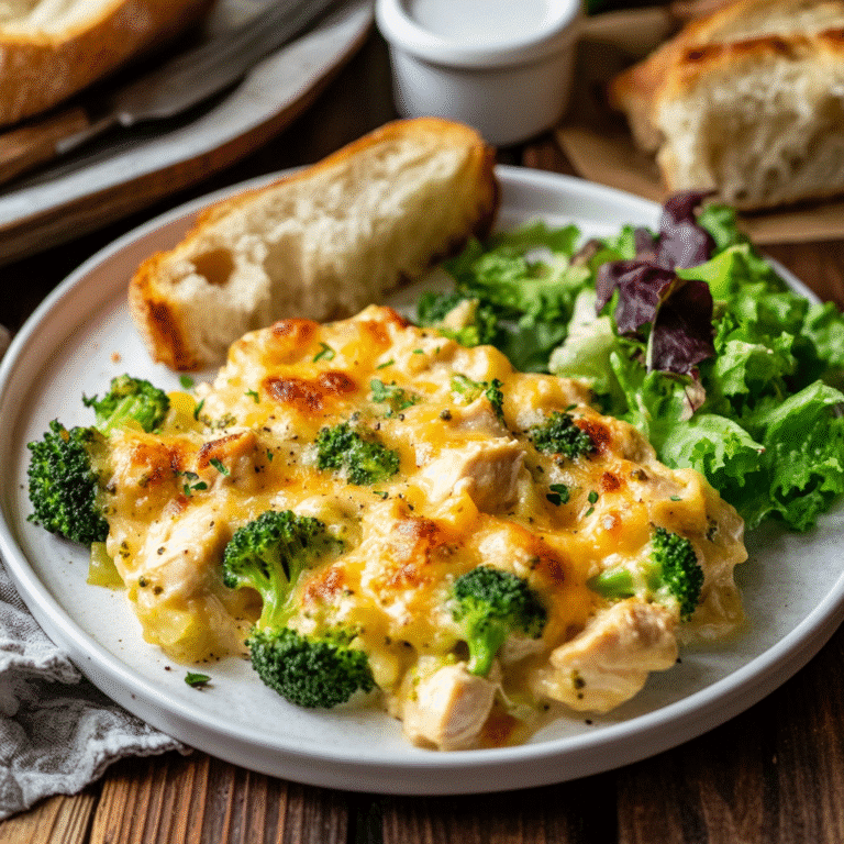 Serving of 5 ingredient chicken broccoli casserole with salad