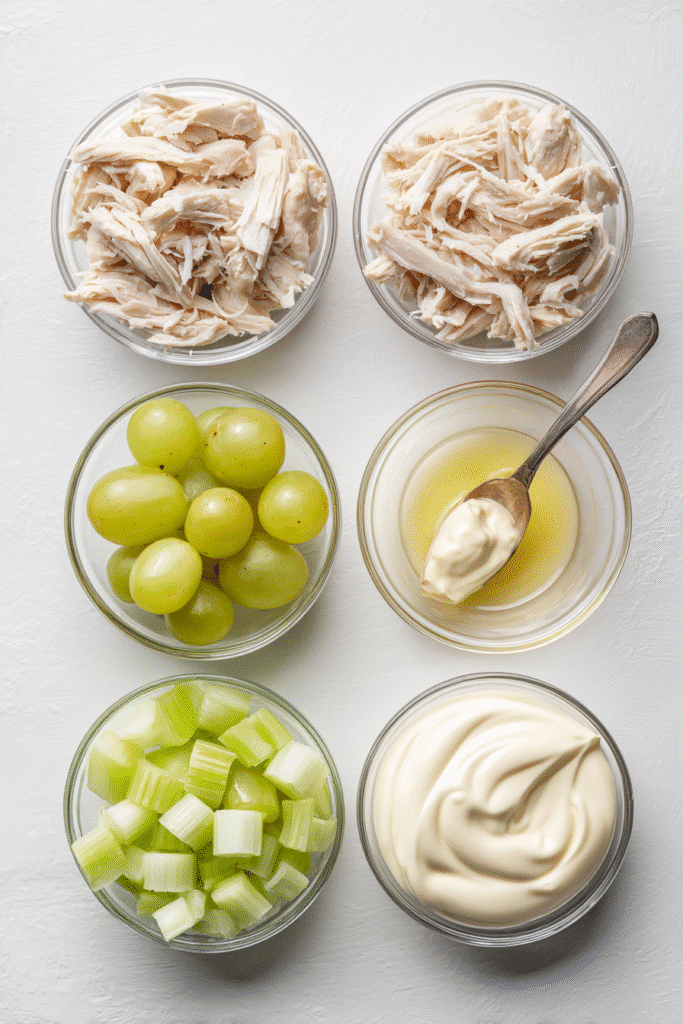 5 ingredients chicken salad recipe on white background