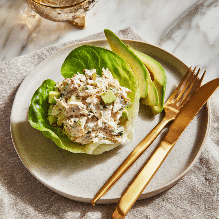 5 ingredient chicken salad recipe in lettuce wrap with avocado