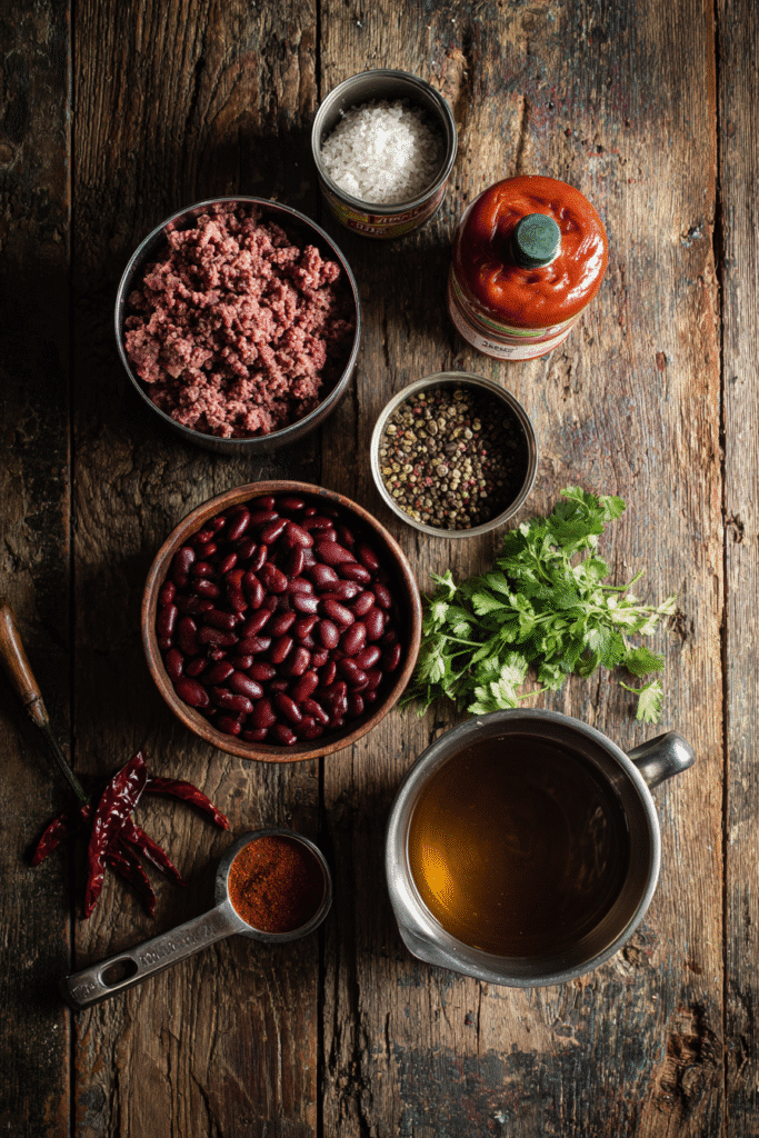 Flat lay of 5 ingredient chili essential