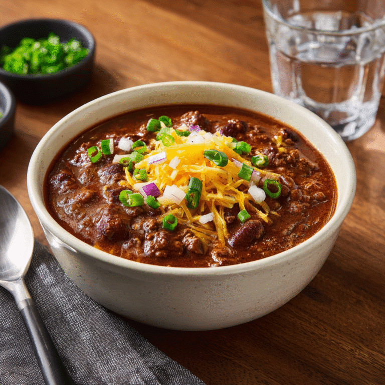 Served bowl of 5 ingredient chili with toppings