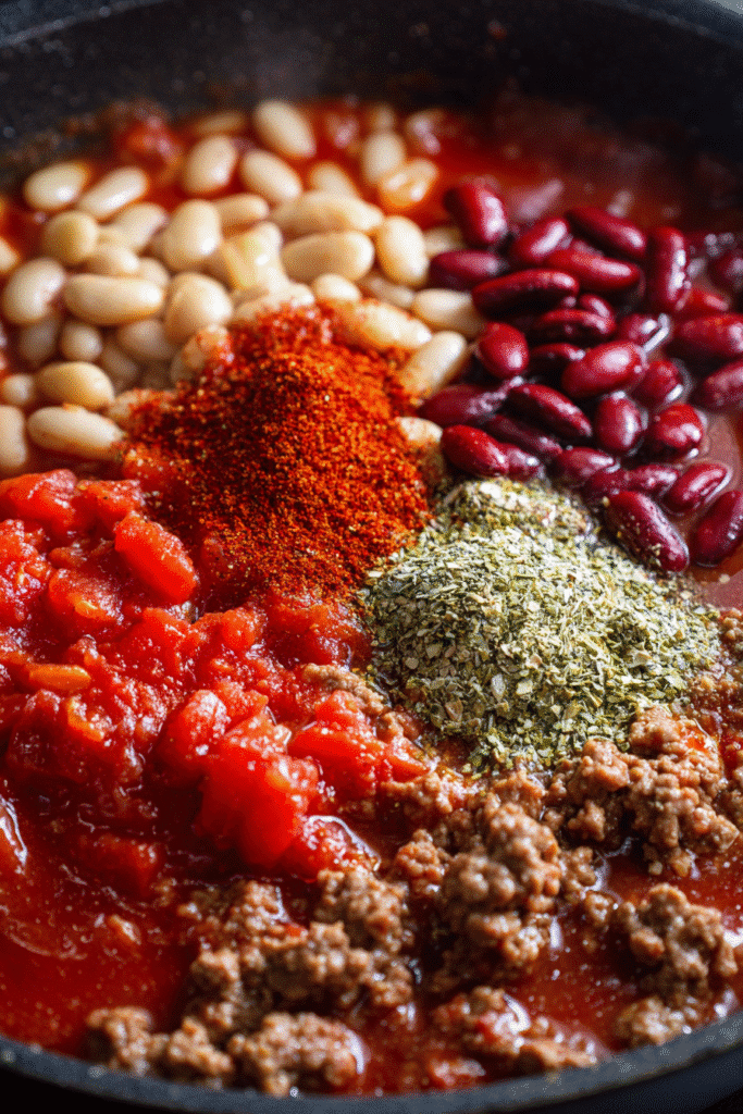 Adding ingredients to make 5 ingredient chili