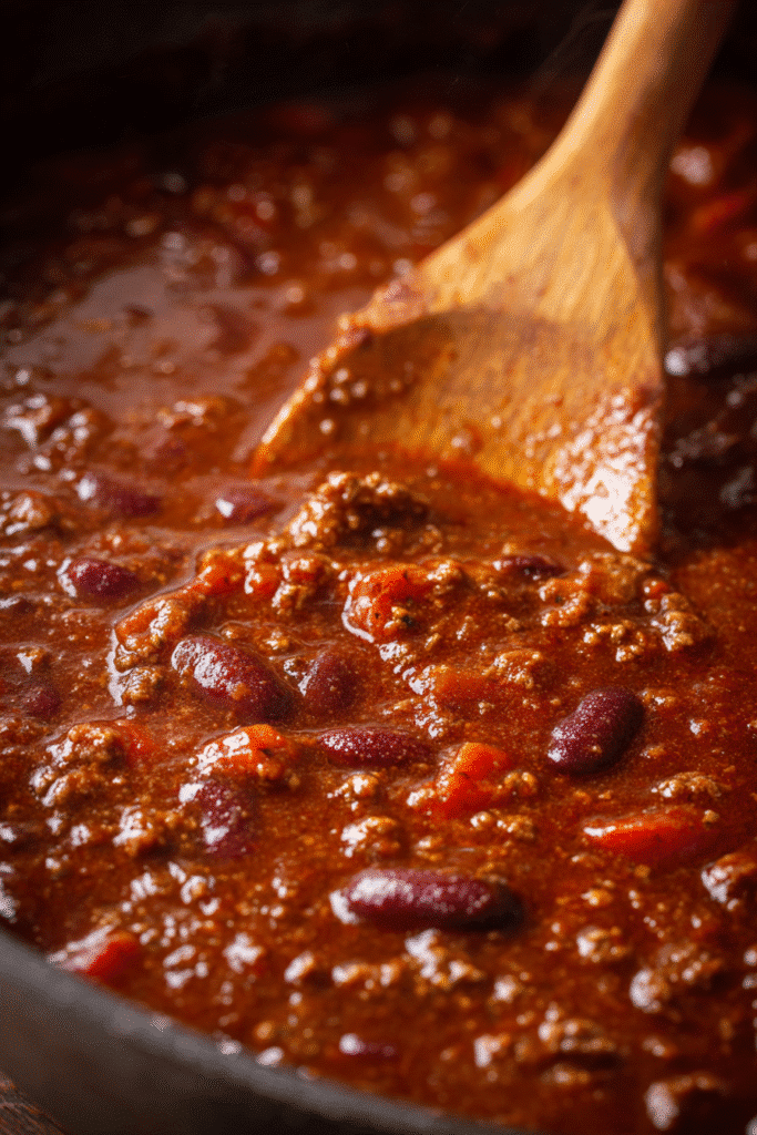 Simmering 5 ingredient chili in pan