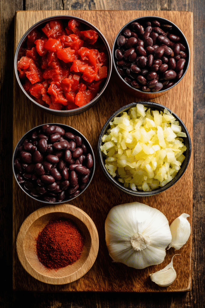 Ingredients for 5 ingredient vegan chili displayed on a wooden board