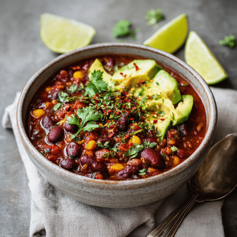 Bowl of 5 ingredient vegan chili garnished and ready to serve