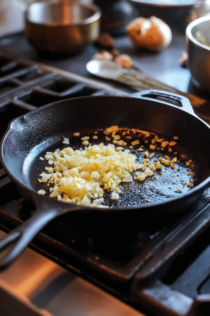 Onions and garlic sautéing in a pan for 5 ingredient vegan chili
