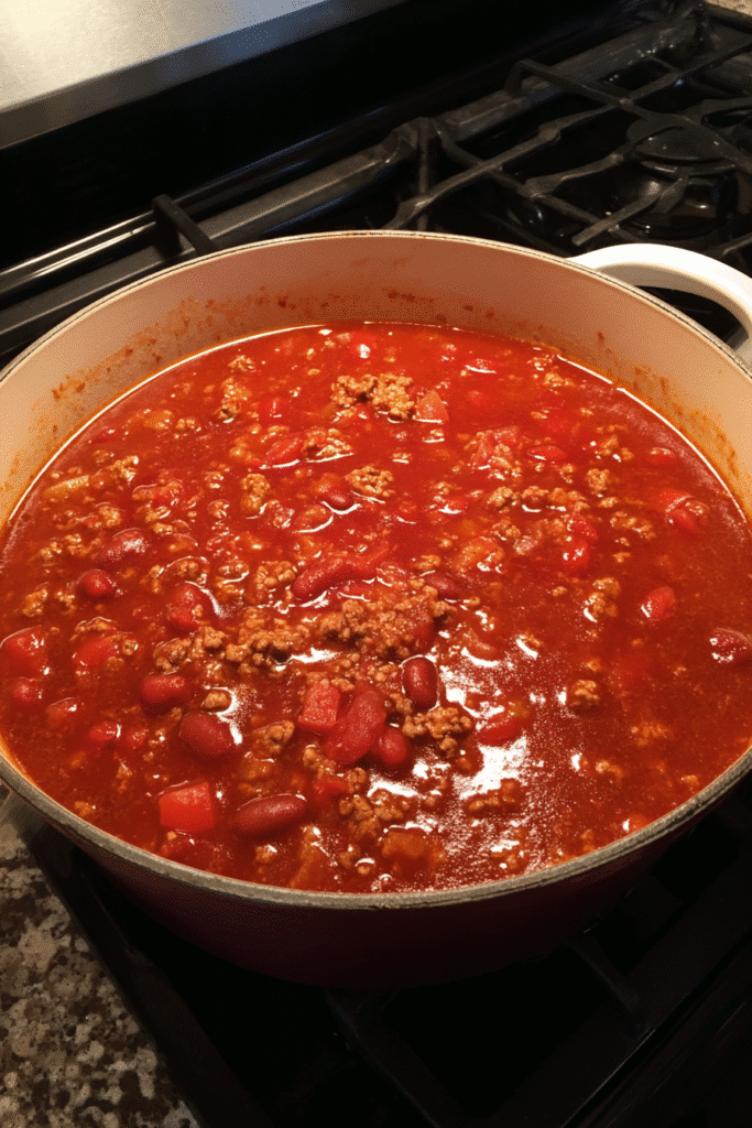 5 ingredient Vegan chili simmering with beans and tomatoes