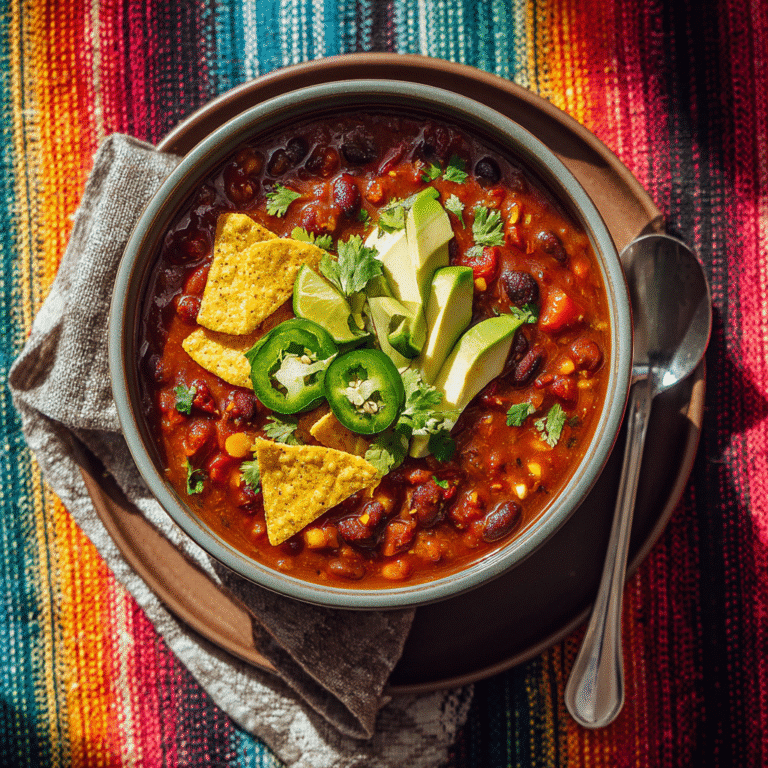 Bowl of 5 ingredient vegetarian chili with toppings