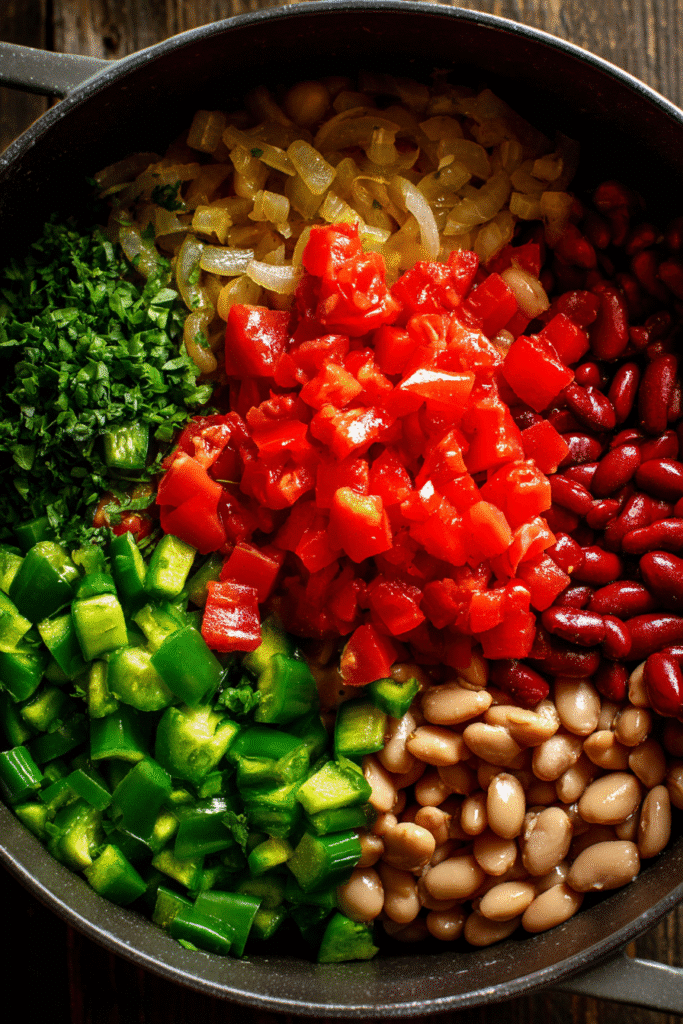 Adding tomatoes and beans to vegetarian 5 ingredient vegetarian chili