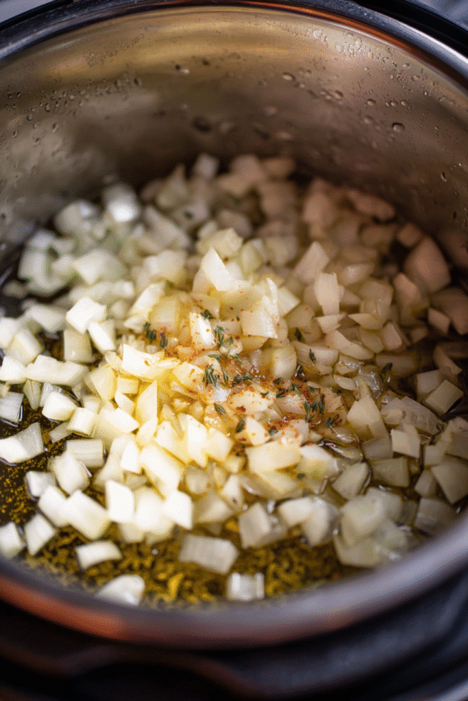 Chopped onions sautéing for 5 ingredient vegetarian instant pot recipe