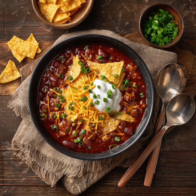 Bowl of easy crockpot chili 5 ingredients with toppings ready to serve