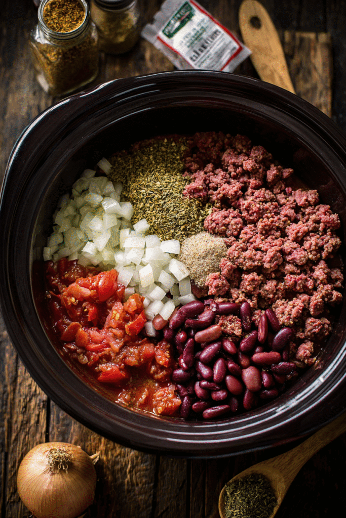 Adding ingredients to easy crockpot chili 5 ingredients